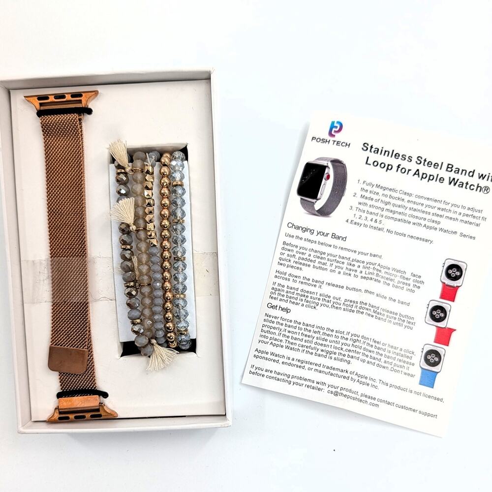 Posh Tech Rose Gold Apple Watch Band And Stackable Beaded Bracelets Set